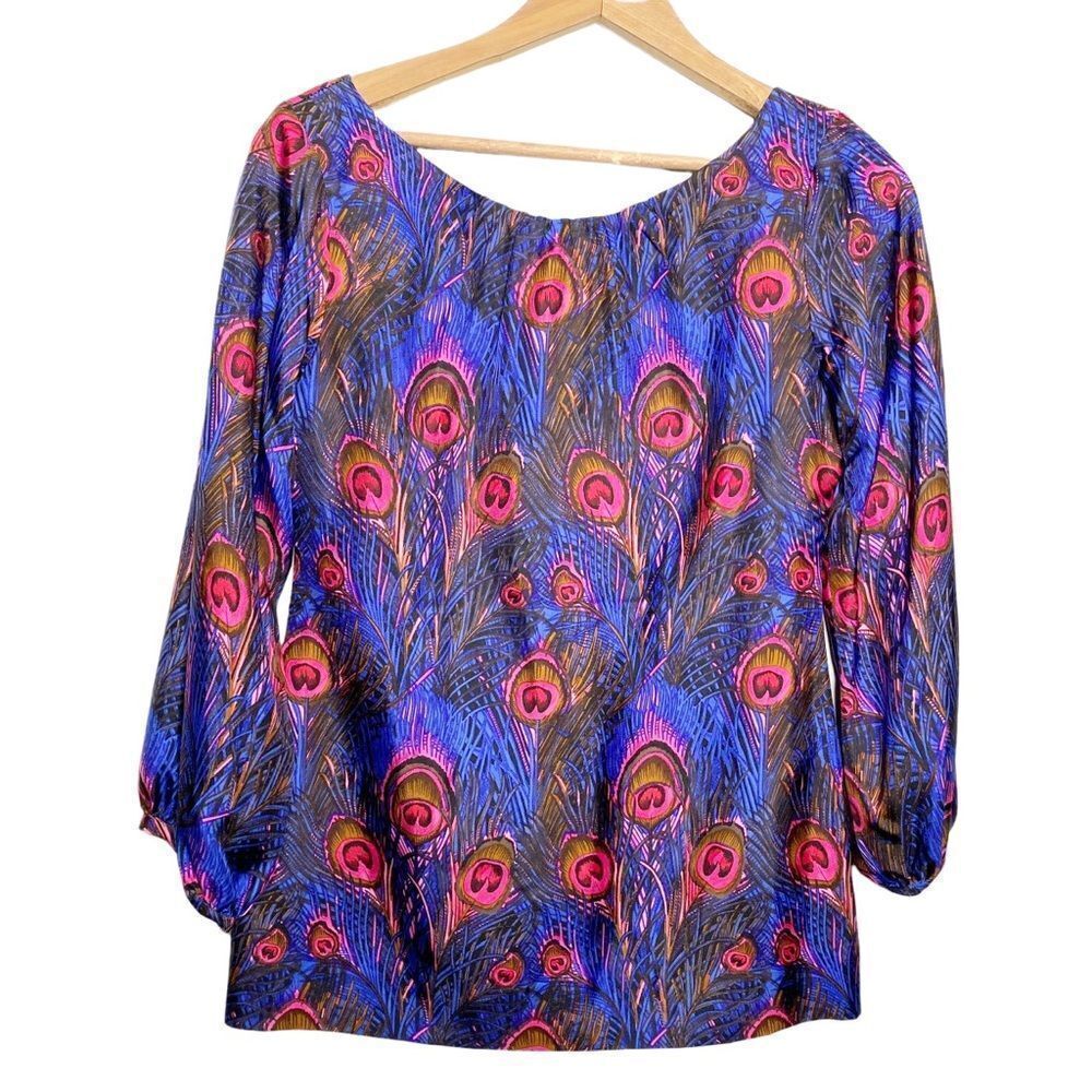 Britt Ryan Womens Blue Multicolor Silk Feather Print Blouse 2